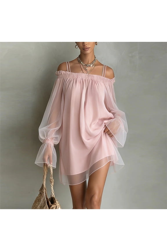 Women's Off Shoulder Double Strap Mini Dress – Sheer Long Puff Sleeve Loose Flowy Boho Vacation Outfit for Summer Pink,XXL
