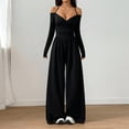 thumbnail image 1 of Morttic Women's Off Shoulder Halter Tie V-Neck Long Sleeve Jumpsuit – Ruched High Waist Wide Leg Casual One Piece Black，S, 1 of 4