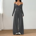 thumbnail image 1 of Morttic Women's Off Shoulder Halter Tie V-Neck Long Sleeve Jumpsuit – Ruched High Waist Wide Leg Casual One Piece Gray，XL, 1 of 4