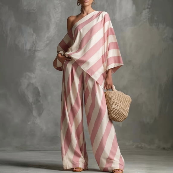 Morttic Women's One Shoulder Long Sleeve Top & Wide Leg Pants Set – Loose Fit Diagonal Stripe Spring Summer Fashion Outfit Pink,XXL