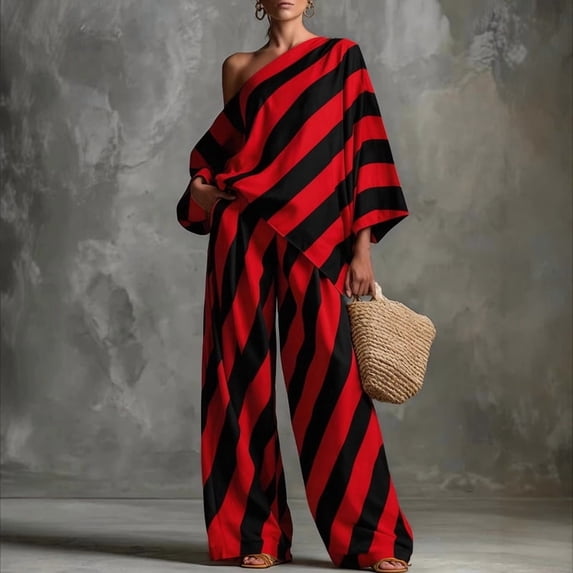 Morttic Women's One Shoulder Long Sleeve Top & Wide Leg Pants Set – Loose Fit Diagonal Stripe Spring Summer Fashion Outfit Red,XL