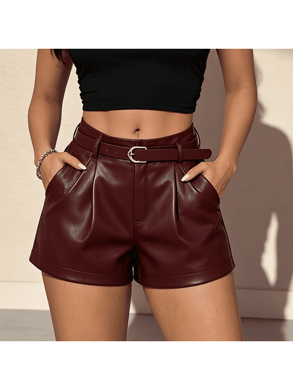 Women's PU Leather Casual Dressy High Waisted Shorts – Straight Leg with Belt Solid Color Fashion Summer Bottoms Red,S