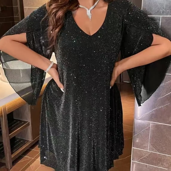 Morttic Women‘s Plus Size Elegant V-Neck Asymmetrical Slit Sleeve Solid Color Luxury Party Dress for Wedding Black,4XL