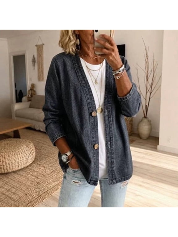 Women's Plus Size Solid Color V-Neck Denim Jacket – Casual Long Sleeve Loose Fit Button Down Coat Black,S
