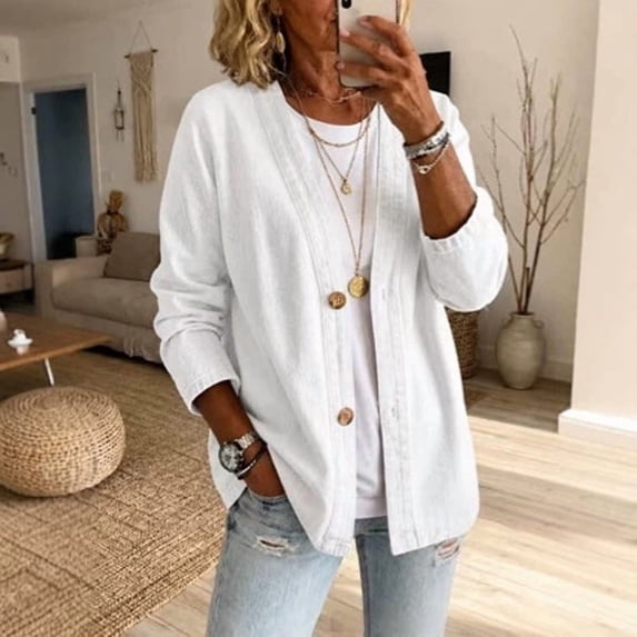 Morttic Women's Plus Size Solid Color V-Neck Denim Jacket – Casual Long Sleeve Loose Fit Button Down Coat White,S