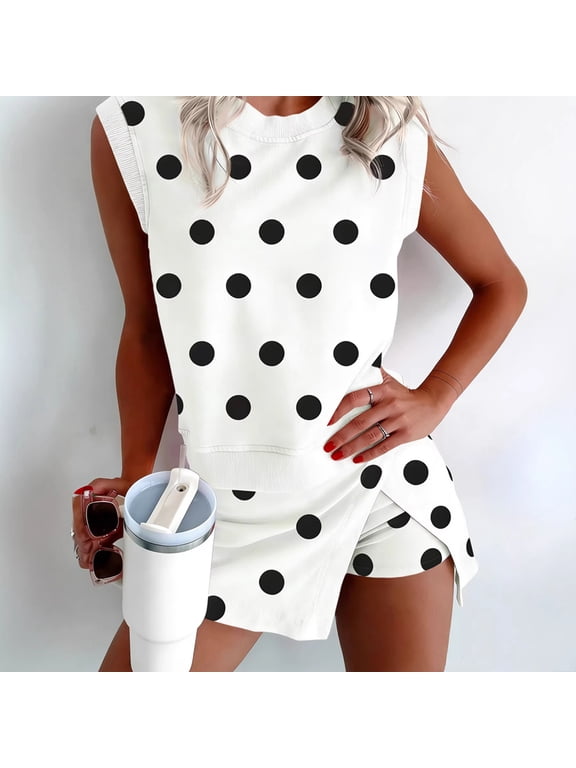 Women's Polka Dot 2 Piece Outfit – Sleeveless Crew Neck Tank Top & Side Slit Skort Set Summer Casual for Daily Wear White,S