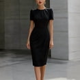thumbnail image 1 of Morttic Women's Puff Sleeve Ruched Bodycon Midi Dress – Round Neck Office Work Sheath Solid Color Waist-Accented Slim Fit Dress Black，XXL, 1 of 3