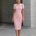 thumbnail image 1 of Morttic Women's Puff Sleeve Ruched Bodycon Midi Dress – Round Neck Office Work Sheath Solid Color Waist-Accented Slim Fit Dress Pink，L, 1 of 3
