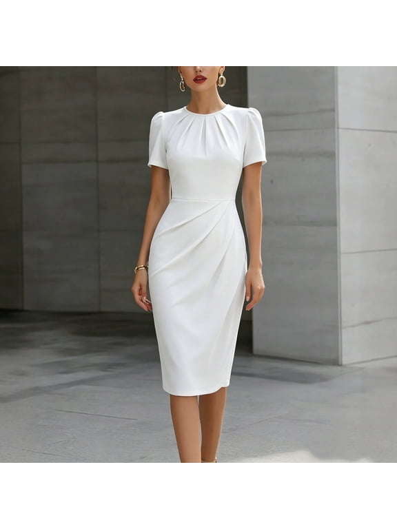 Women's Puff Sleeve Ruched Bodycon Midi Dress – Round Neck Office Work Sheath Solid Color Waist-Accented Slim Fit Dress White,XL