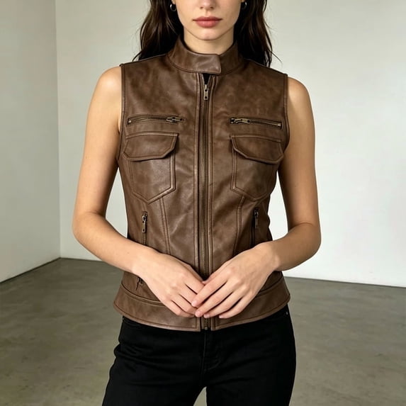 Morttic Women's Retro Solid Color Faux Leather Zip Up Vest – Stand Collar Sleeveless Jacket with Pockets Short Outerwear Brown,S