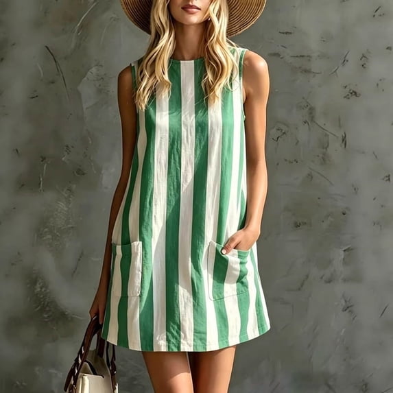 Morttic Women's Retro Striped Sleeveless A-Line Mini Dress with Pockets – Crew Neck Casual Summer Vacation & Play Outfit Green,L