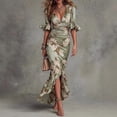 thumbnail image 1 of Morttic Women's Ruched Waist Floral Maxi Dress – V-Neck Puff Sleeve, Ruffle Hem Bodycon, Trendy Wedding Guest & Cocktail Gown Green，S, 1 of 6