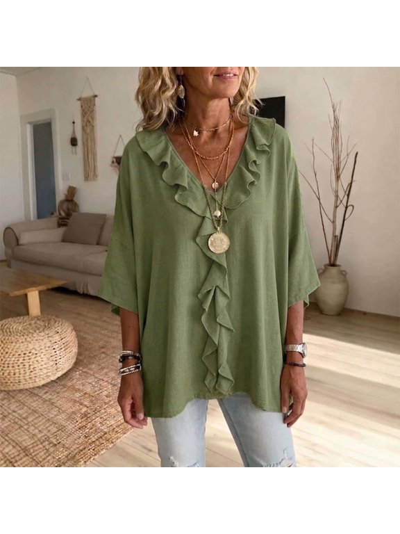 Women's Ruffle Decor V-Neck Top – Casual Three-Quarter Sleeve Flowy Bohemian Style Shirt for Vacation & Home Wear Green,S