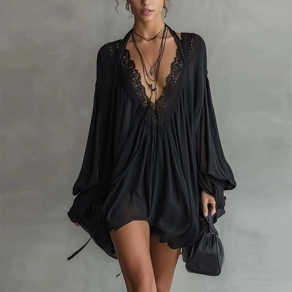 Morttic Women's Sexy Elegant Lace Trim Halter V-Neck Mini Flowy Dress – Long Sleeve Backless for Vacation & Dinner Party Black,XS