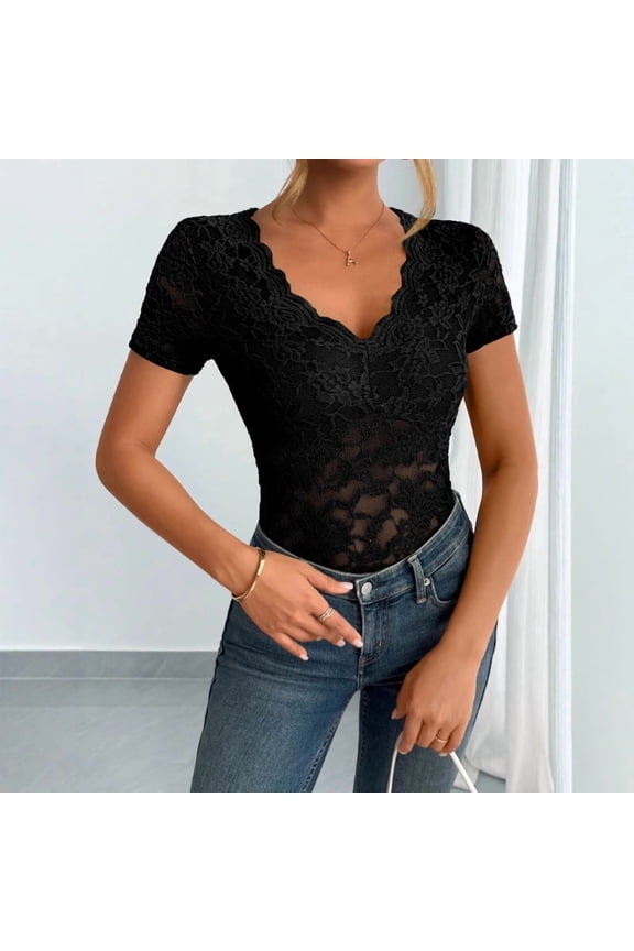 Women's Sexy Lace V-Neck Mesh Bodysuit – Short Sleeve Sheer Solid Color Top, Soft Daily & Office Wear Black，M