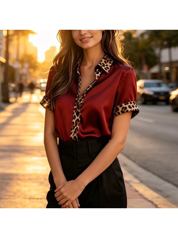 Women's Sexy Satin Leopard Print Blouse with Button Front – Elegant Contrast Trim Collar Short Sleeve Work Top Red,S