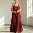 thumbnail image 1 of Morttic Women's Sexy Spaghetti Strap V-Neck Maxi Dress with Pockets – Flowy A-Line Summer Sundress Casual Daily Wear Wine Red，XL, 1 of 6