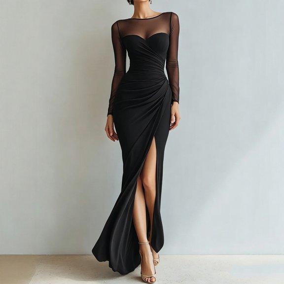 Morttic Women's Sheer Long Sleeve Mermaid Maxi Dress – Elegant Side Slit Fitted for Evening Gown & Cocktail Parties Black,M