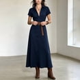 thumbnail image 1 of Morttic Women's Shirt Dress with Belt – Short Sleeve Solid Color Summer Casual A-Line Maxi Dress for Office & Daily Wear Navy Blue，M, 1 of 6