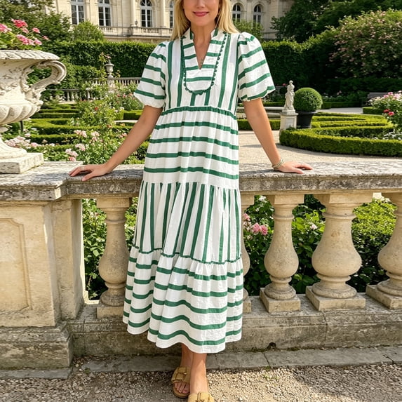 Morttic Women's Short Sleeve V-Neck Patchwork Stripes Midi Dress Vibrant Casual Cute Spring Summer Vacation Wear Green,L