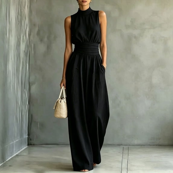 Morttic Women's Sleeveless High Neck Wide Leg Jumpsuit – High Waist Pleated Romper with Side Pockets Vacation Outfit Black,L