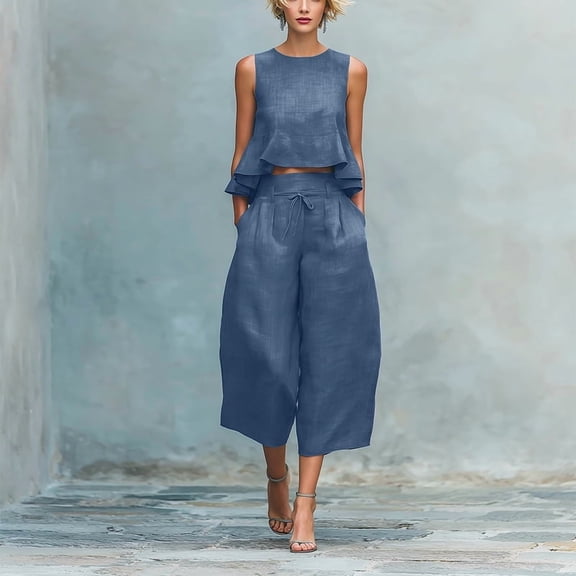 Morttic Women's Sleeveless Top and Drawstring Pants Set – Round Neck Lace Hem, Solid Color Spring Summer Lounge Wear Navy Blue,M