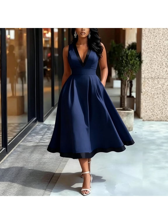 Women's Sleeveless V-Neck Cocktail Dress – High Waist Flared A-Line Party Elegant Fit & Flare Mid Length Formal Dress Navy Blue，M