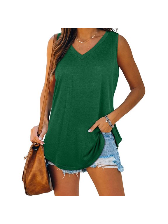 Women's Sleeveless V-Neck Tank Top – Solid Color Curved Hem Loose Fit, Soft Casual Daily Wear Green,L