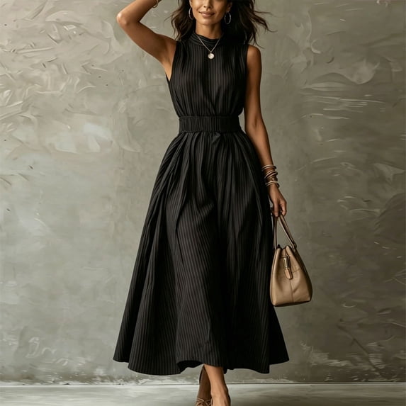 Morttic Women's Sleeveless Vertical Striped Midi Dress – Mock Neck Elastic Waist A-Line Flowy Casual Business Summer Dress Black,L