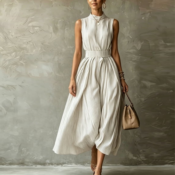 Morttic Women's Sleeveless Vertical Striped Midi Dress – Mock Neck Elastic Waist A-Line Flowy Casual Business Summer Dress Ivory White,XL