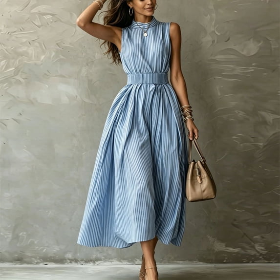 Morttic Women's Sleeveless Vertical Striped Midi Dress – Mock Neck Elastic Waist A-Line Flowy Casual Business Summer Dress Sky Blue,S