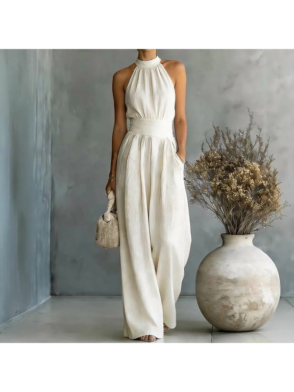 Women's Sleeveless Wide Leg Jumpsuit – High Waist Pleated with Side Pockets, Beach Vacation & Daily Casual Wear Beige,S