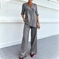 thumbnail image 1 of Morttic Women's Solid 2Pcs Set – V-Neck Mid Sleeve Top & High Waist Wide Leg Pants with Side Pockets Daily Office Lounge Outfit Gray，XXL, 1 of 2