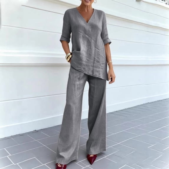 Morttic Women's Solid 2Pcs Set – V-Neck Mid Sleeve Top & High Waist Wide Leg Pants with Side Pockets Daily Office Lounge Outfit Gray,XXL