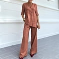 thumbnail image 1 of Morttic Women's Solid 2Pcs Set – V-Neck Mid Sleeve Top & High Waist Wide Leg Pants with Side Pockets Daily Office Lounge Outfit Light Brown，XXXL, 1 of 2
