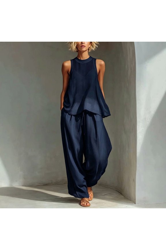 Women's Solid Color 2 Piece Set – Mesh Sleeveless Crew Neck Top & Drawstring Wide Leg Pants Flowy Summer Outfit Navy Blue,XL