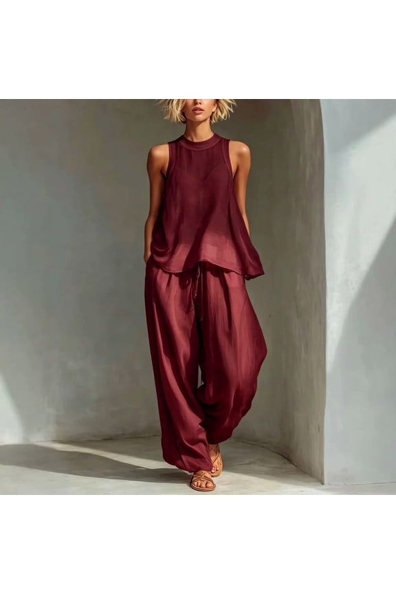 Women's Solid Color 2 Piece Set – Mesh Sleeveless Crew Neck Top & Drawstring Wide Leg Pants Flowy Summer Outfit Wine Red，L