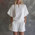 thumbnail image 1 of Morttic Women's Solid Color 2 Piece Set – Stand Collar Half Button Batwing Top & High Waist Rolled Shorts with Pockets White，S, 1 of 2