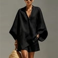 thumbnail image 1 of Morttic Women's Solid Color Batwing Sleeve 2 Piece Set – V-Neck Top & Loose Shorts with Pockets Casual Summer Outfit Black，XXL, 1 of 2