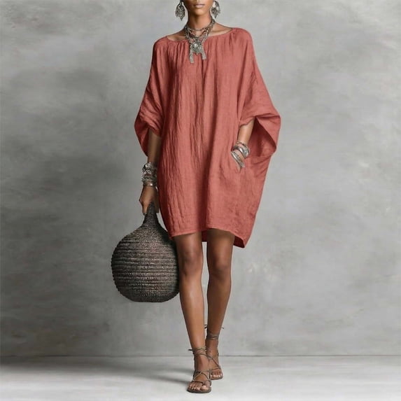 Morttic Women's Solid Color Bohemian Batwing Sleeve Dress – Relaxed Loose Fit, Perfect for Spring/Summer Vacation Rouge color,XL