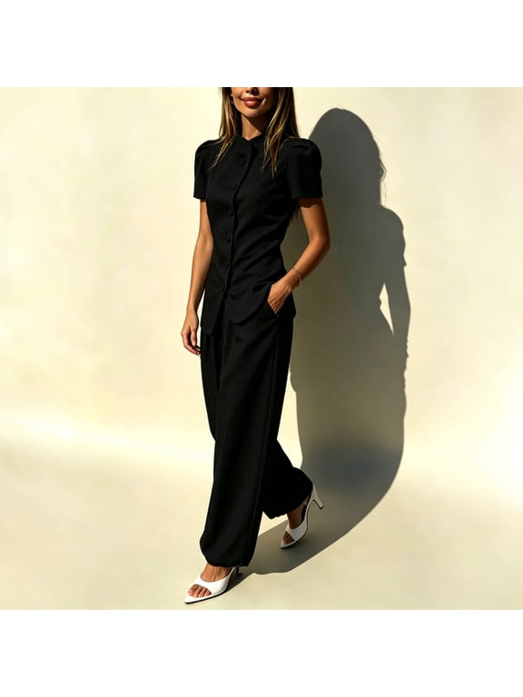 Women's Solid Color Business Suit – Puff Short Sleeve Button Blazer & High Waist Wide Leg Pants with Side Pockets Black,L