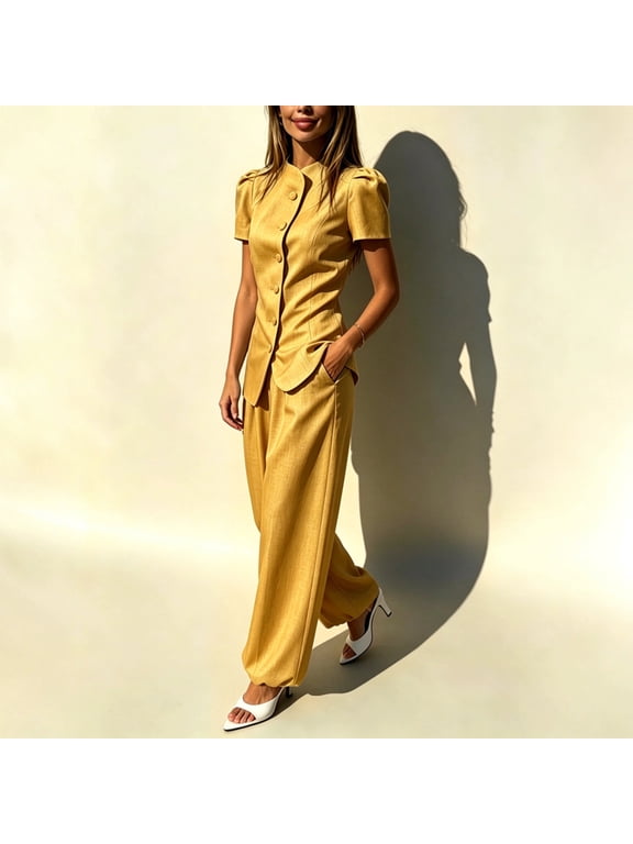 Women's Solid Color Business Suit – Puff Short Sleeve Button Blazer & High Waist Wide Leg Pants with Side Pockets Gold,L