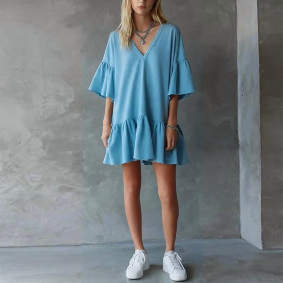 Morttic Women's Solid Color Casual Summer Puff Half Sleeve V-Neck Ruffle Mini Dress Perfect for Daily Commuting Wear Sky Blue,M