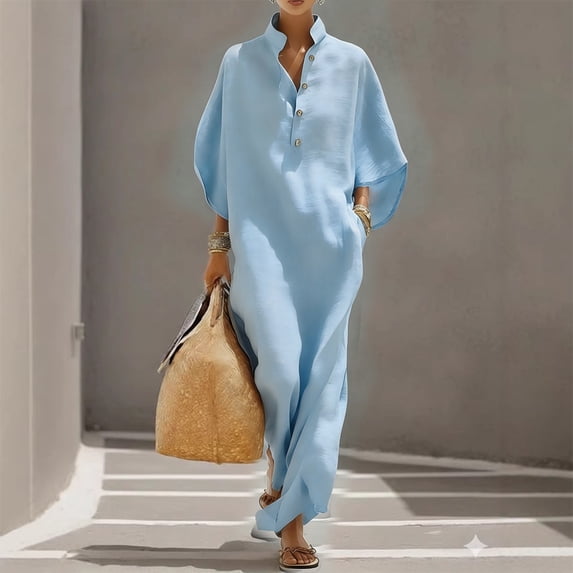 Morttic Women's Solid Color Chic Summer Travel Outfit – Minimalist Half Button Stand Collar Loose Batwing Sleeve Maxi Dress Sky Blue,XXL
