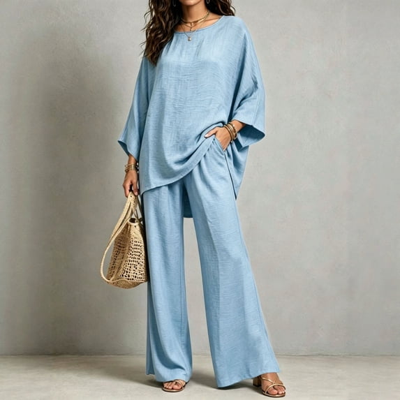 Morttic Women's Solid Color Crinkle 2 Piece Set – Oversized Batwing Top & Wide Leg Pants with Pockets Casual Summer Loungewear Light Blue,L