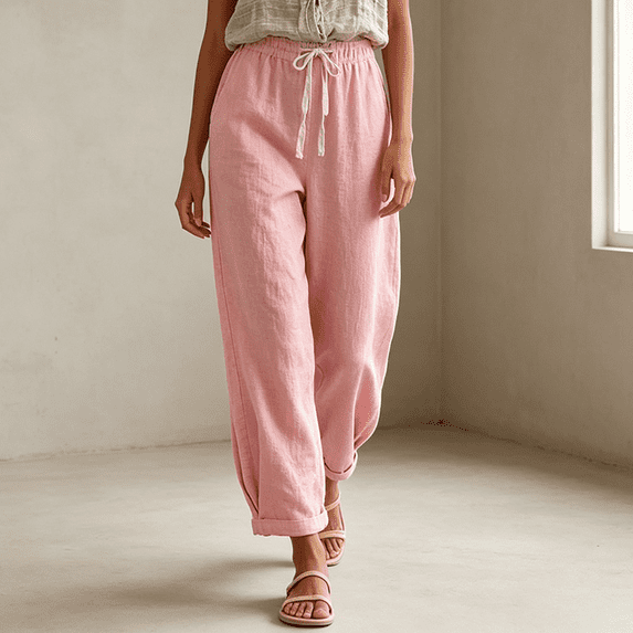 Morttic Women's Solid Color Crinkle Jogger Pants – Elastic Drawstring High Waist Pockets Cropped Cuff Casual Vacation Trousers Pink,XL