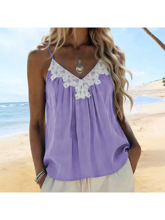Women's Solid Color Floral Lace V-Neck Adjustable Strap Tank – Backless Ruched Top, Summer Beach Vacation Cami Violet,XL