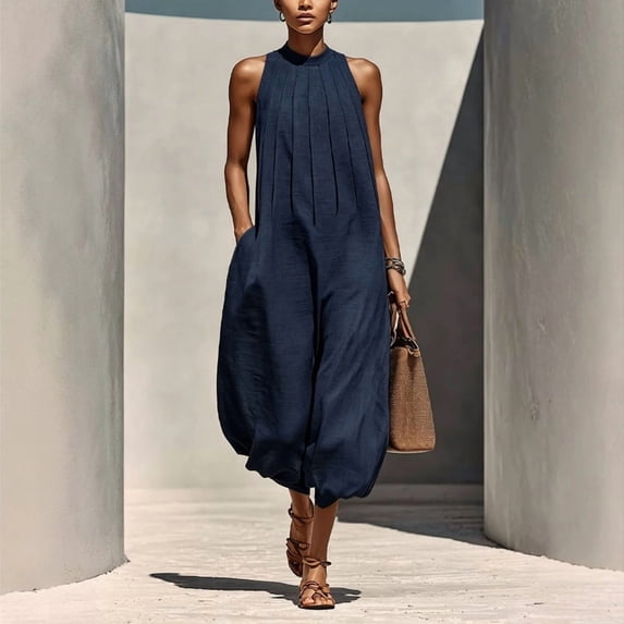 Morttic Women's Solid Color Halter Sleeveless Jumpsuit – Pleated Wide Leg Pants with Pockets Casual Boho Summer One Piece Navy Blue,XXL