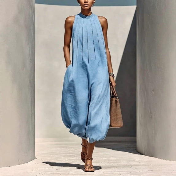 Morttic Women's Solid Color Halter Sleeveless Jumpsuit – Pleated Wide Leg Pants with Pockets Casual Boho Summer One Piece Sky Blue,M