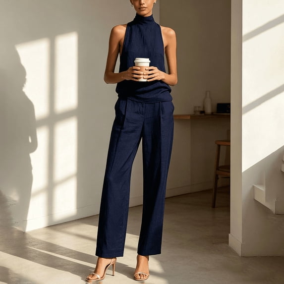 Morttic Women's Solid Color High Neck Halter Top & Pleated Wide Leg Pants Set – Sleeveless Business Casual & Everyday Outfit Navy Blue,L